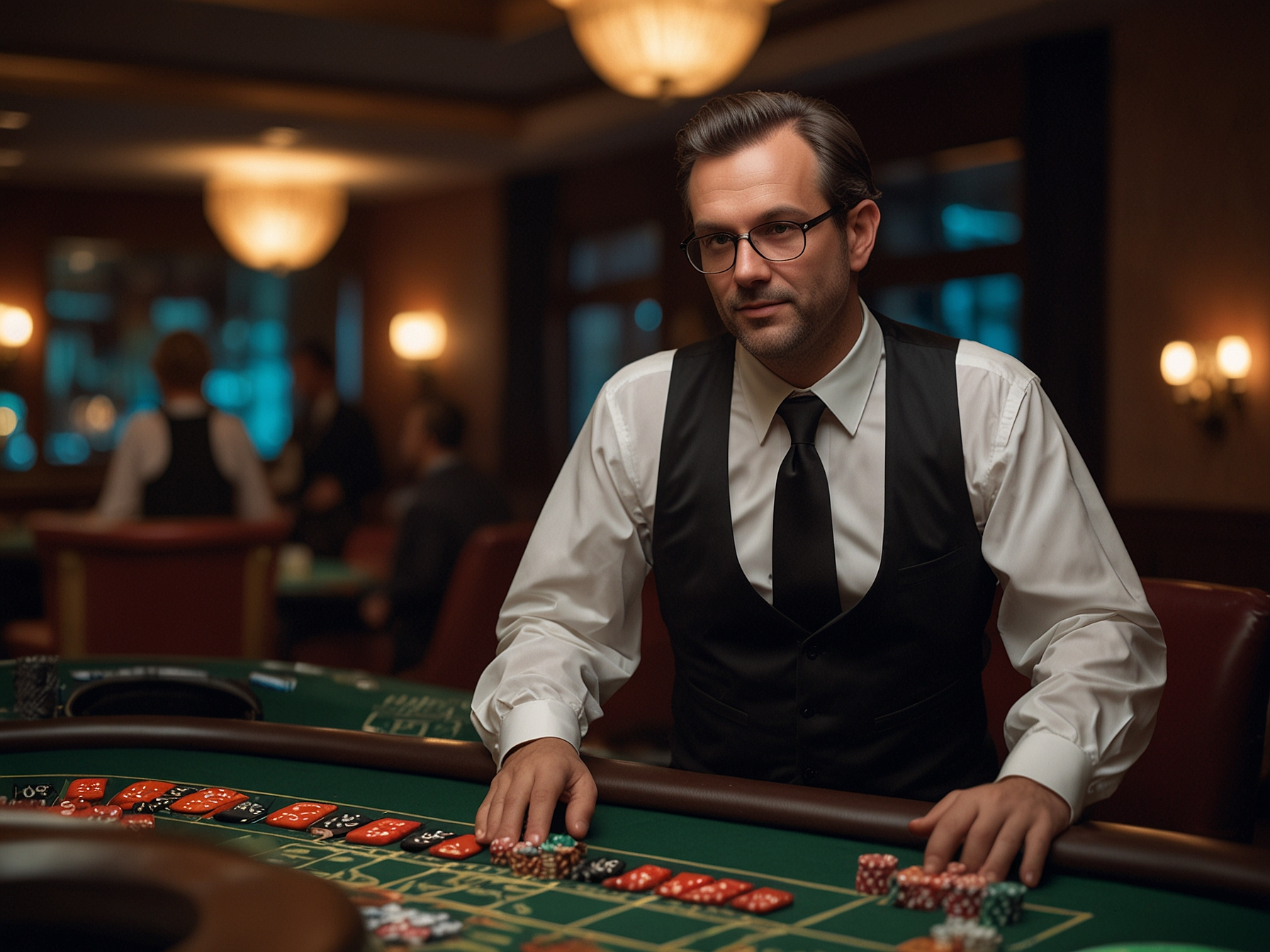 Roulette and blackjack tables with dealers